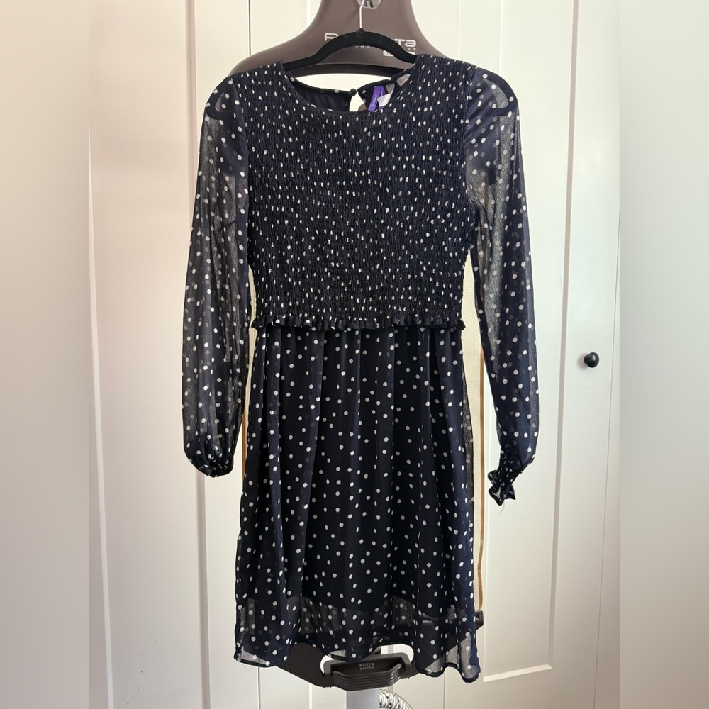 Seraphine Navy Polka Dot Smocked Maternity Dress (Sz 4P)